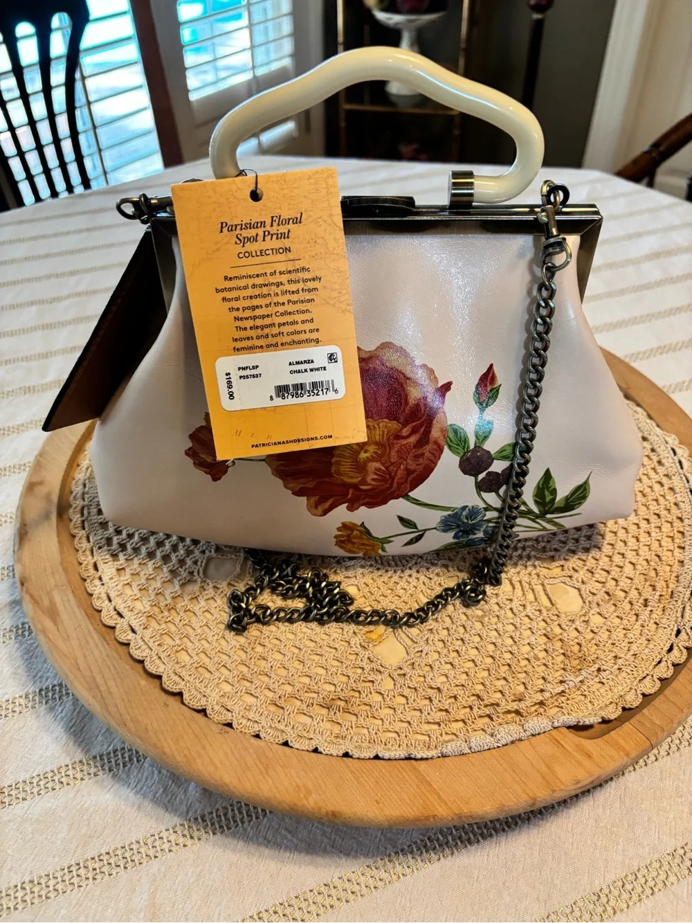 Patricia Nash Cream Floral Frame-Top Crossbody with Chain